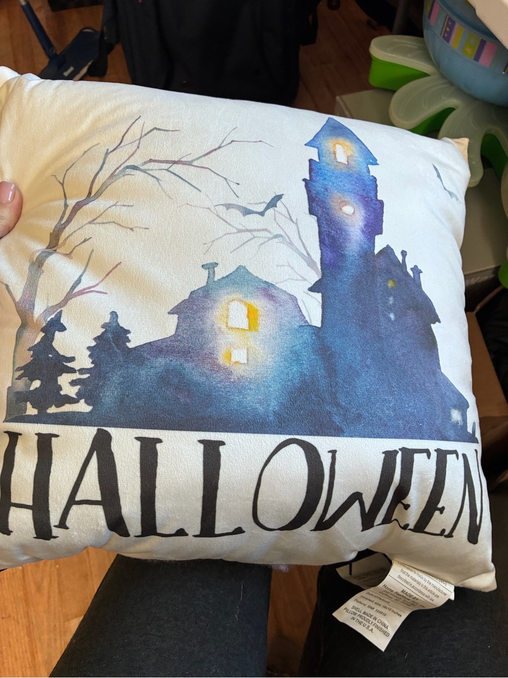 Halloween Haunted House Decorative Pillow - Blue/White